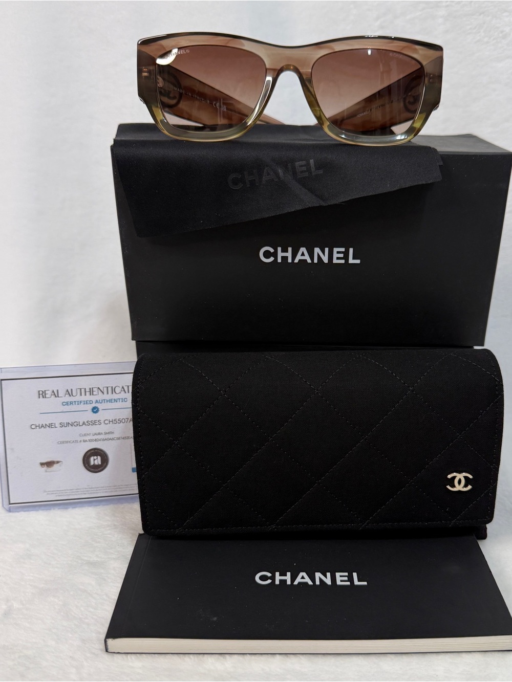 CHANEL Women's Brown/Green Gradient Sunglasses with Quilted Black Case